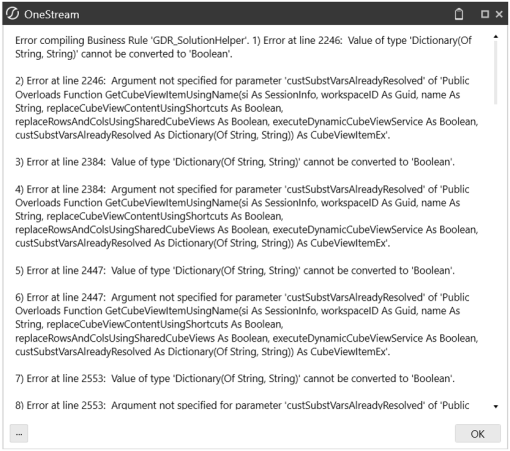 Error message box displays a list of errors. Error compiling Business Rule GDR Solution Helper